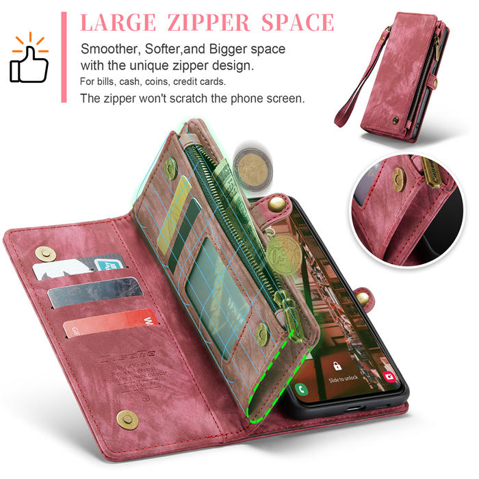 CaseMe Samsung Galaxy S23 Zipper Wallet Magnetic Detachable 2 in 1 Case with Wrist Strap