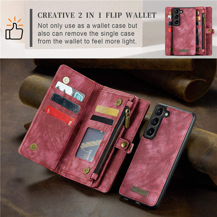 CaseMe Samsung Galaxy S23 Zipper Wallet Magnetic Detachable 2 in 1 Case with Wrist Strap