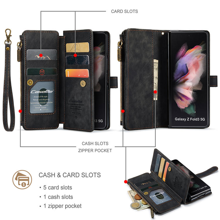 CaseMe Samsung Galaxy Z Fold3 5G Wallet Kickstand Case with Wrist Strap Black