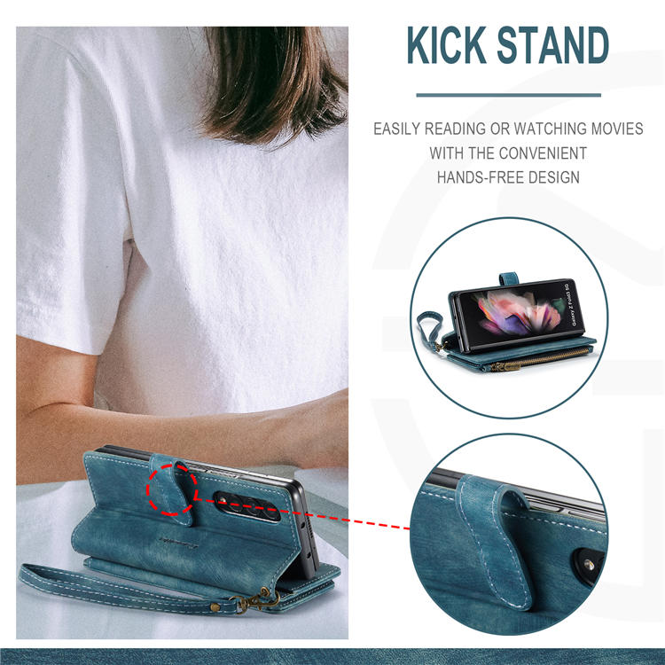 CaseMe Samsung Galaxy Z Fold3 5G Wallet Kickstand Case with Wrist Strap Blue