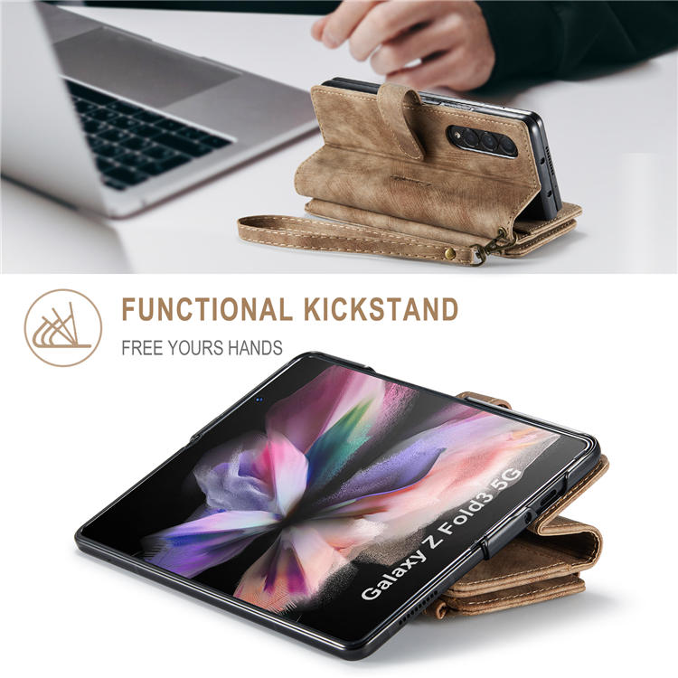 CaseMe Samsung Galaxy Z Fold3 5G Wallet Kickstand Case with Wrist Strap Brown