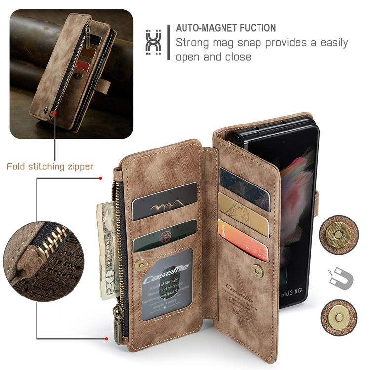 CaseMe Samsung Galaxy Z Fold3 5G Wallet Kickstand Case with Wrist Strap Brown