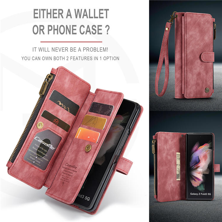 CaseMe Samsung Galaxy Z Fold3 5G Wallet Kickstand Case with Wrist Strap Red
