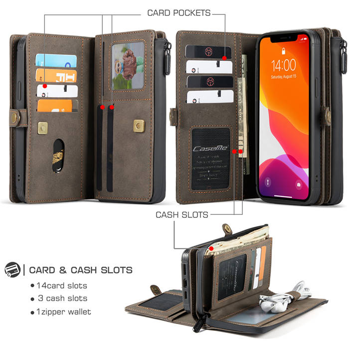 CaseMe iPhone 12 Mini Luxury Multi-Functional Zipper Wallet Case Coffee