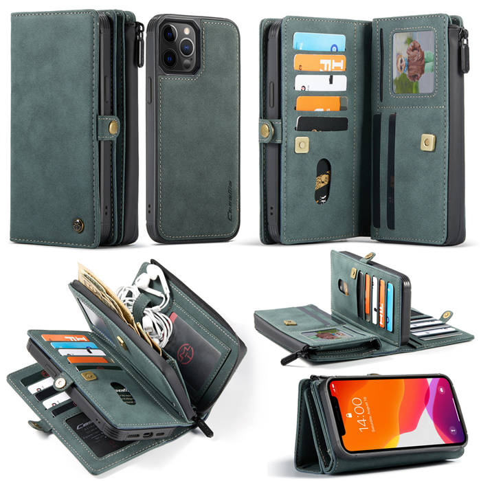 CaseMe iPhone 12 Pro Luxury Multi-Functional Zipper Wallet Case Blue