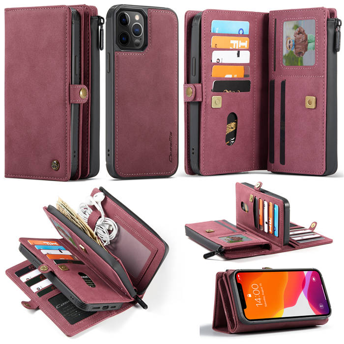 CaseMe iPhone 12 Pro Max Luxury Multi-Functional Zipper Wallet Case Red