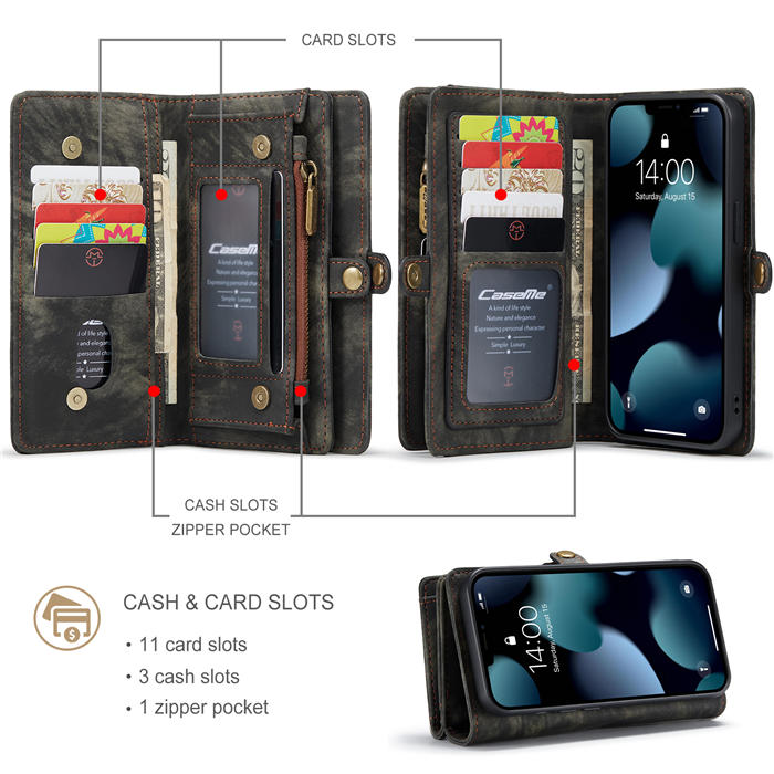 CaseMe iPhone 13 Zipper Wallet Detachable 2 in 1 Case Black