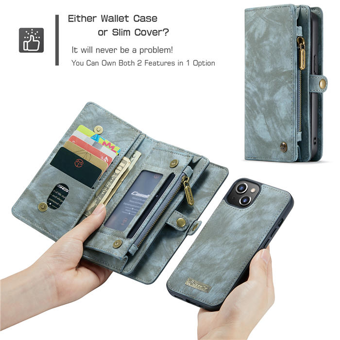 CaseMe iPhone 13 Zipper Wallet Detachable 2 in 1 Case Blue