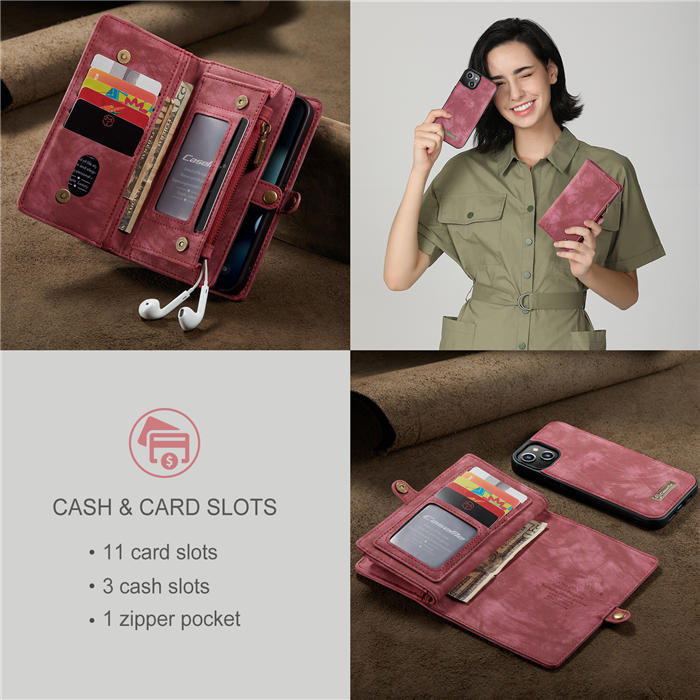 CaseMe iPhone 13 Zipper Wallet Detachable 2 in 1 Case Red