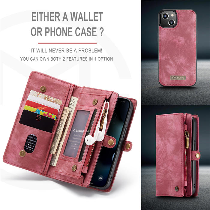 CaseMe iPhone 13 Zipper Wallet Detachable 2 in 1 Case Red