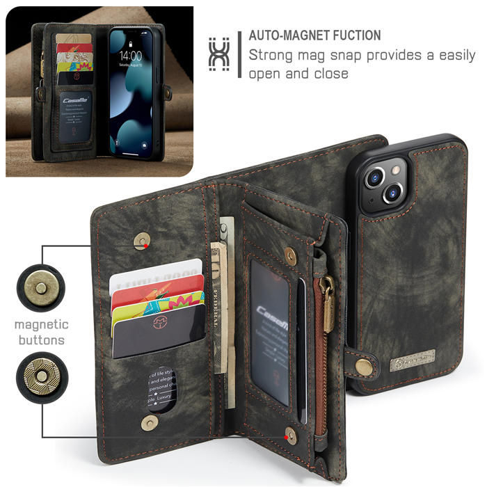 CaseMe iPhone 13 Mini Zipper Wallet Detachable 2 in 1 Case Black
