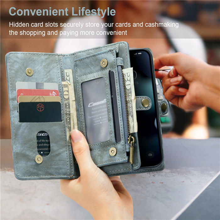 CaseMe iPhone 13 Mini Zipper Wallet Detachable 2 in 1 Case Blue