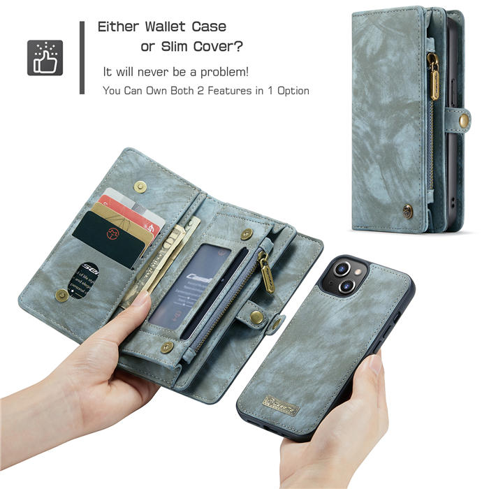 CaseMe iPhone 13 Mini Zipper Wallet Detachable 2 in 1 Case Blue