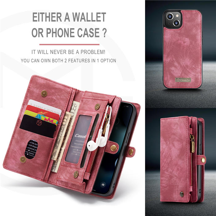 CaseMe iPhone 13 Mini Zipper Wallet Detachable 2 in 1 Case Red