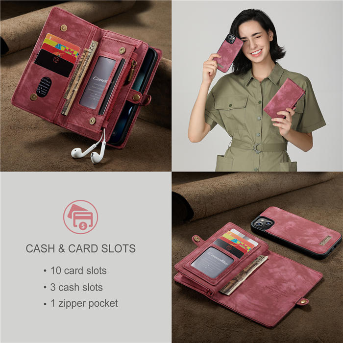CaseMe iPhone 13 Mini Zipper Wallet Detachable 2 in 1 Case Red
