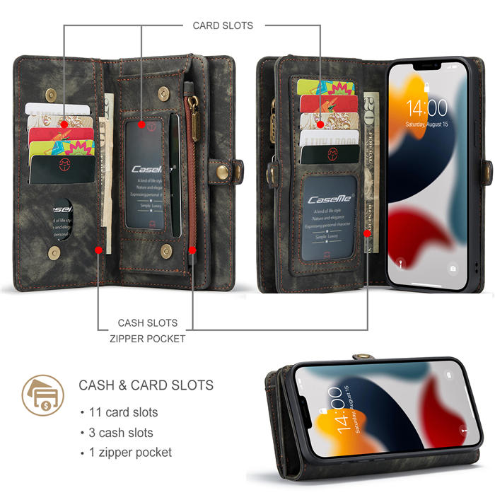 CaseMe iPhone 13 Pro Zipper Wallet Detachable 2 in 1 Case Black