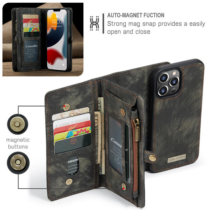 CaseMe iPhone 13 Pro Zipper Wallet Detachable 2 in 1 Case Black