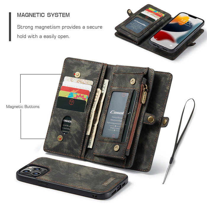 CaseMe iPhone 13 Pro Max Zipper Wallet Detachable 2 in 1 Case Black