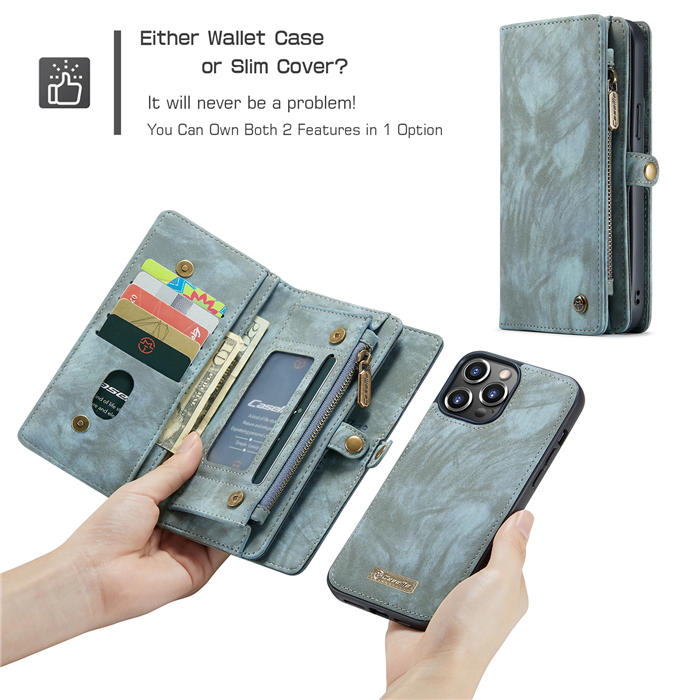 CaseMe iPhone 13 Pro Zipper Wallet Detachable 2 in 1 Case Blue