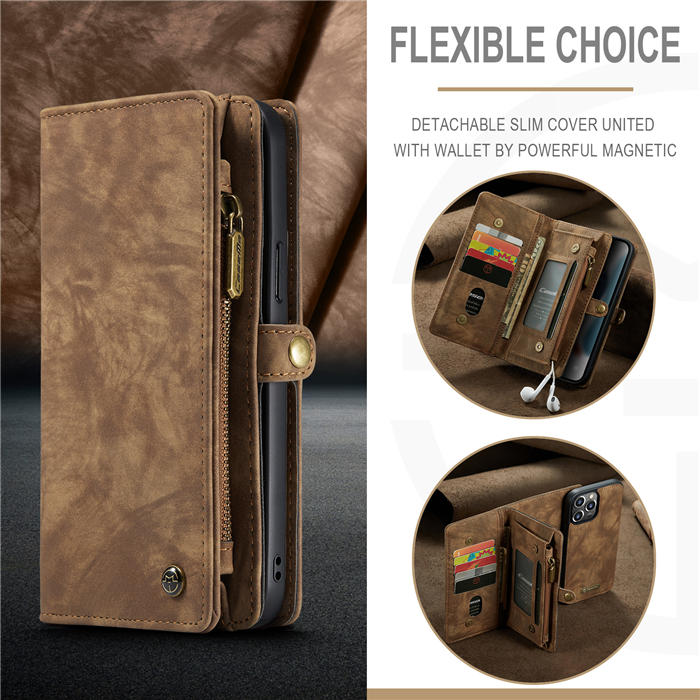 CaseMe iPhone 13 Pro Zipper Wallet Detachable 2 in 1 Case Coffee