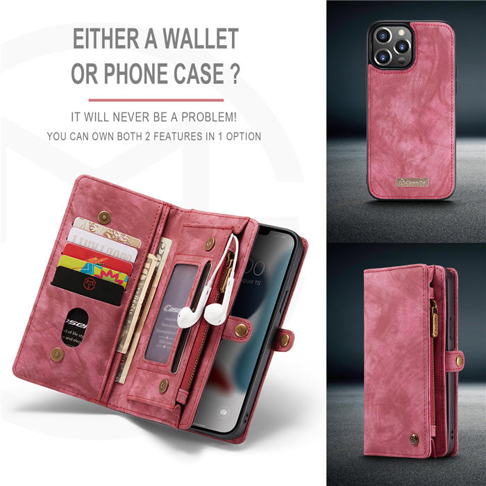 CaseMe iPhone 13 Pro Max Zipper Wallet Detachable 2 in 1 Case Red