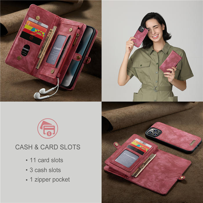 CaseMe iPhone 13 Pro Zipper Wallet Detachable 2 in 1 Case Red