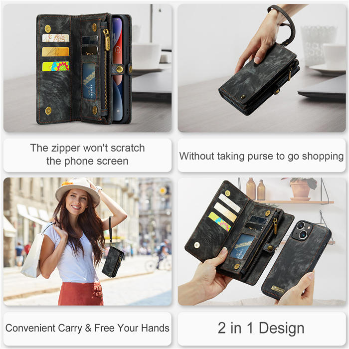 CaseMe iPhone 13 Zipper Wallet Magnetic Detachable 2 in 1 Case with Wrist Strap