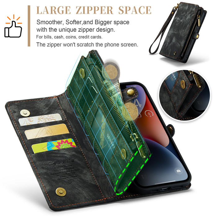 CaseMe iPhone 14 Zipper Wallet Magnetic Detachable 2 in 1 Case with Wrist Strap