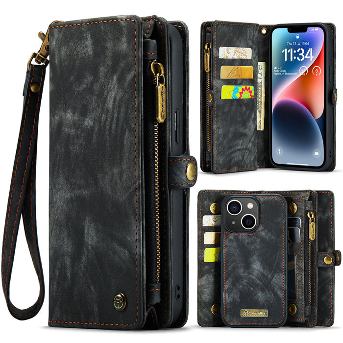 CaseMe iPhone 14 Zipper Wallet Magnetic Detachable 2 in 1 Case with Wrist Strap