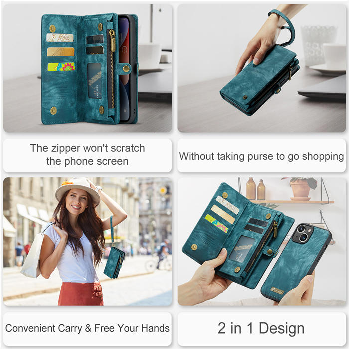 CaseMe iPhone 13 Zipper Wallet Magnetic Detachable 2 in 1 Case with Wrist Strap