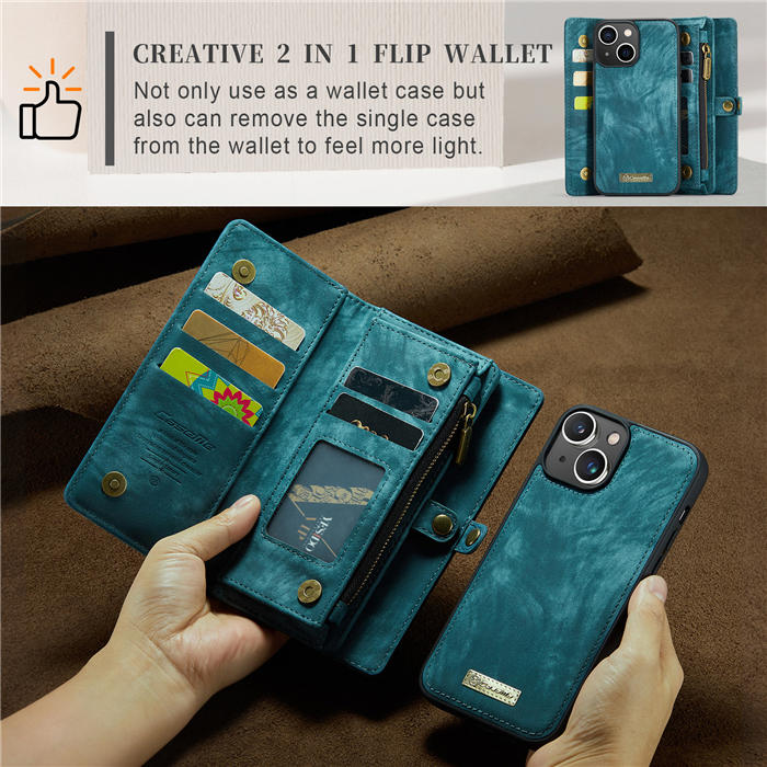 CaseMe iPhone 14 Zipper Wallet Magnetic Detachable 2 in 1 Case with Wrist Strap