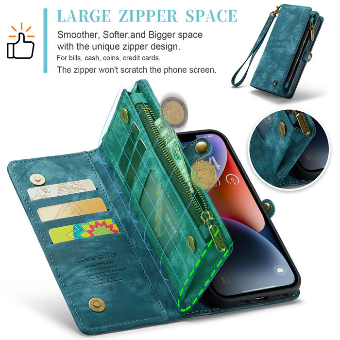 CaseMe iPhone 14 Zipper Wallet Magnetic Detachable 2 in 1 Case with Wrist Strap