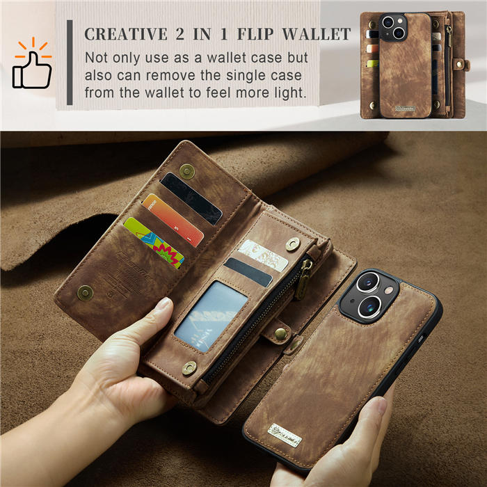 CaseMe iPhone 14 Zipper Wallet Magnetic Detachable 2 in 1 Case with Wrist Strap