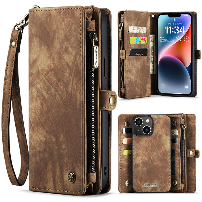 CaseMe iPhone 13 Mini Zipper Wallet Magnetic Detachable 2 in 1 Case with Wrist Strap