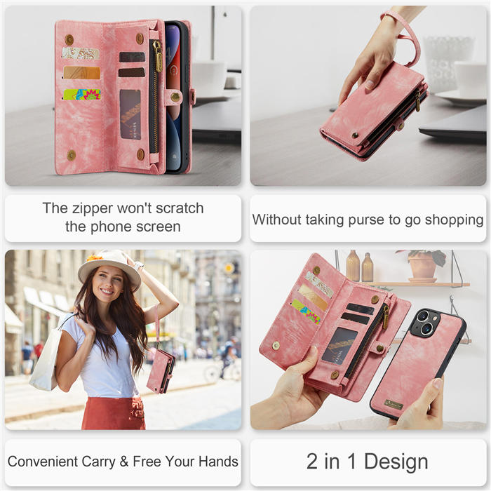 CaseMe iPhone 13 Zipper Wallet Magnetic Detachable 2 in 1 Case with Wrist Strap