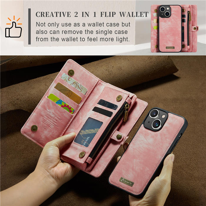 CaseMe iPhone 14 Zipper Wallet Magnetic Detachable 2 in 1 Case with Wrist Strap