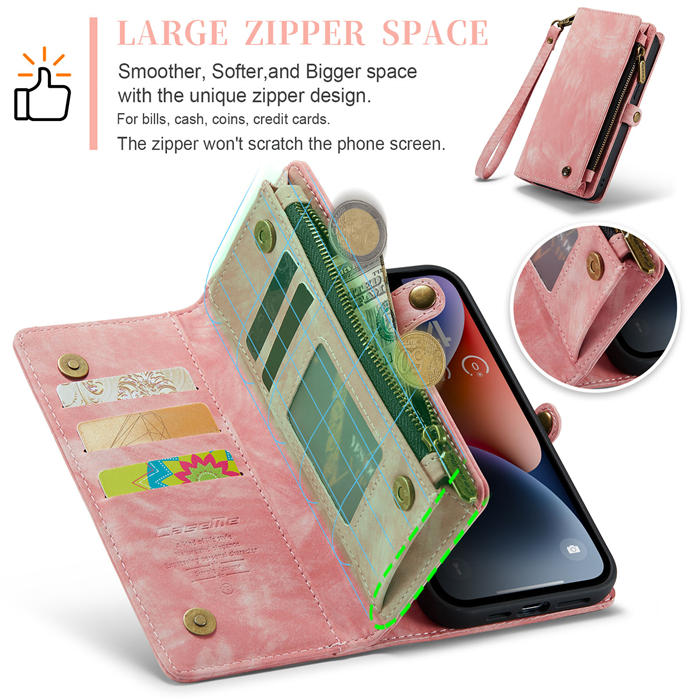 CaseMe iPhone 14 Zipper Wallet Magnetic Detachable 2 in 1 Case with Wrist Strap