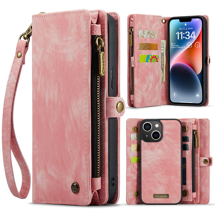 CaseMe iPhone 14 Zipper Wallet Magnetic Detachable 2 in 1 Case with Wrist Strap