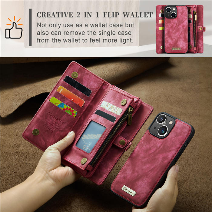 CaseMe iPhone 14 Zipper Wallet Magnetic Detachable 2 in 1 Case with Wrist Strap