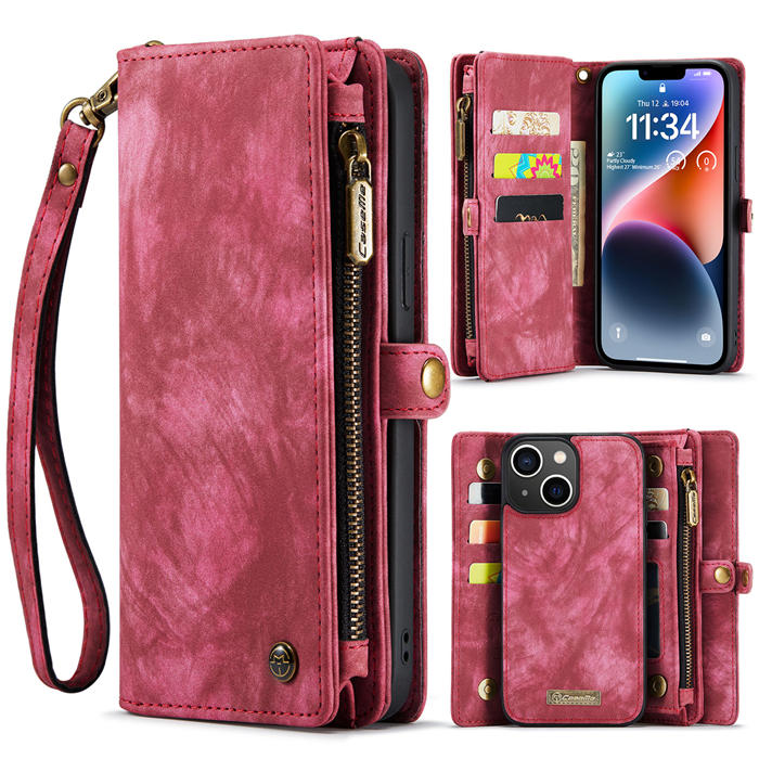 CaseMe iPhone 14 Zipper Wallet Magnetic Detachable 2 in 1 Case with Wrist Strap