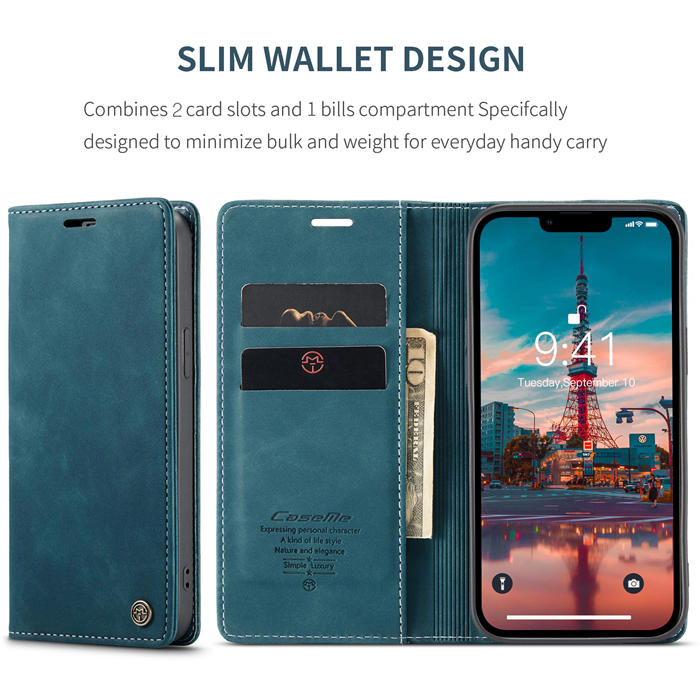 CaseMe iPhone 14 Max Wallet Kickstand Magnetic Case Blue