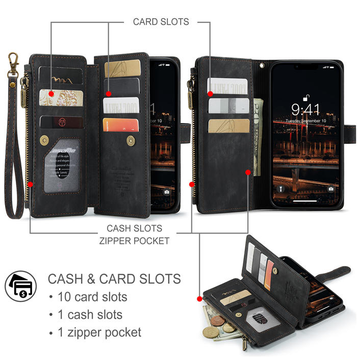 CaseMe iPhone 14 Plus Wallet Magnetic Case with Wrist Strap Black