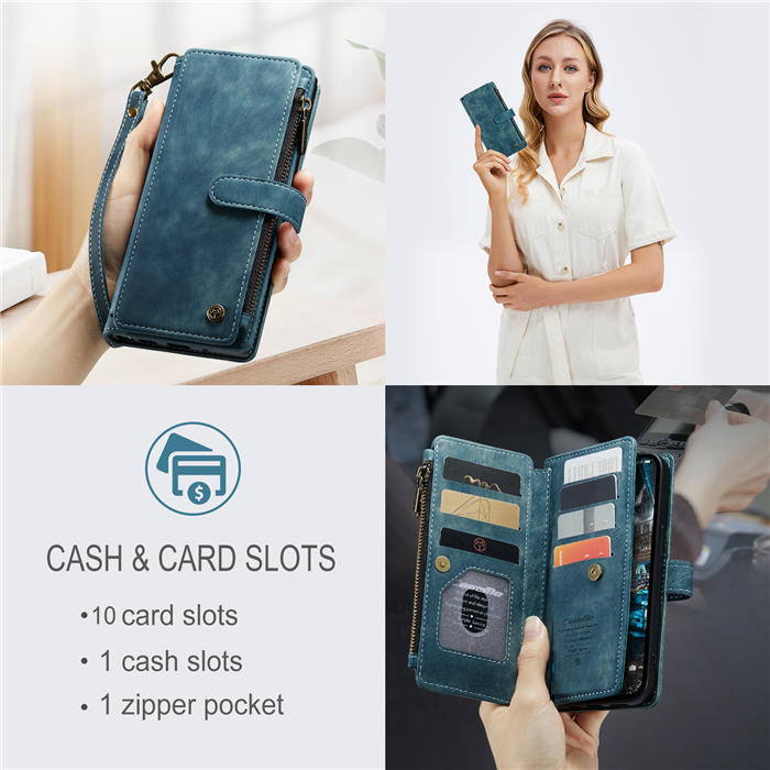 CaseMe iPhone 14 Plus Wallet Magnetic Case with Wrist Strap Blue