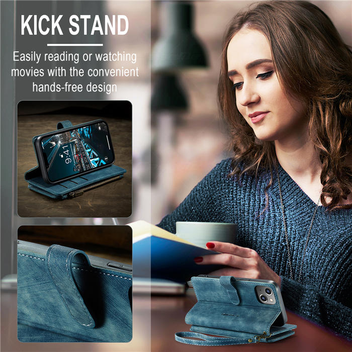 CaseMe iPhone 14 Plus Wallet Magnetic Case with Wrist Strap Blue