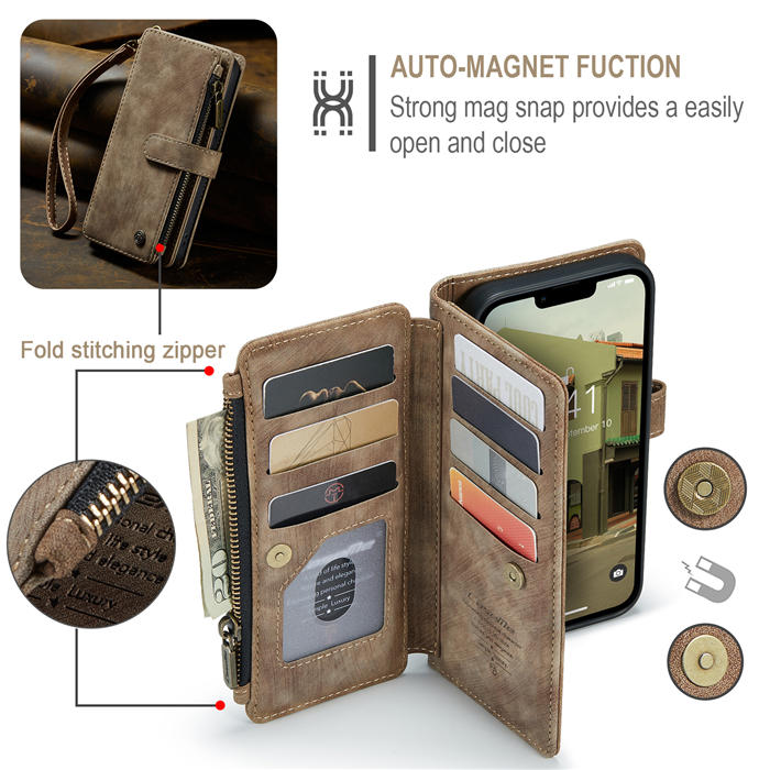 CaseMe iPhone 14 Plus Wallet Magnetic Case with Wrist Strap Coffee