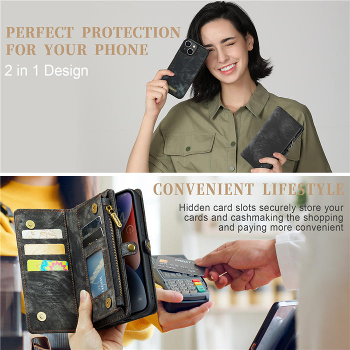CaseMe iPhone 14 Plus Zipper Wallet Magnetic Detachable 2 in 1 Case with Wrist Strap