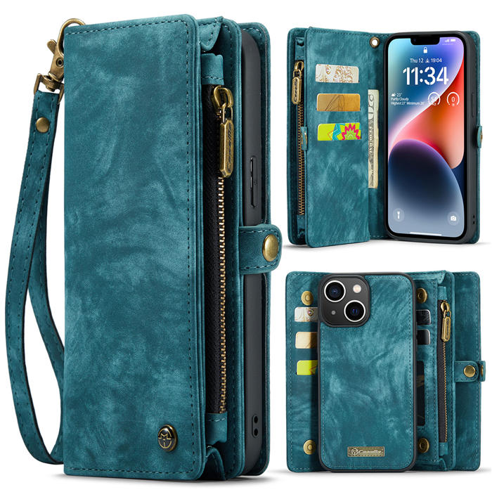 CaseMe iPhone 14 Plus Zipper Wallet Magnetic Detachable 2 in 1 Case with Wrist Strap