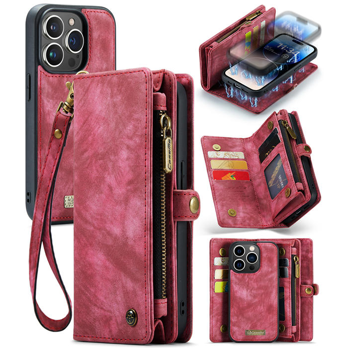 CaseMe iPhone 14 Pro Zipper Wallet Case with Wrist Strap Red