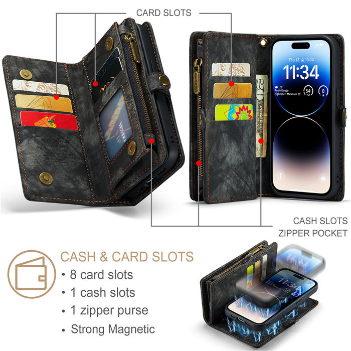 CaseMe iPhone 14 Pro Zipper Wallet Magnetic Detachable 2 in 1 Case with Wrist Strap