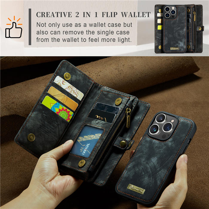 CaseMe iPhone 14 Pro Zipper Wallet Magnetic Detachable 2 in 1 Case with Wrist Strap